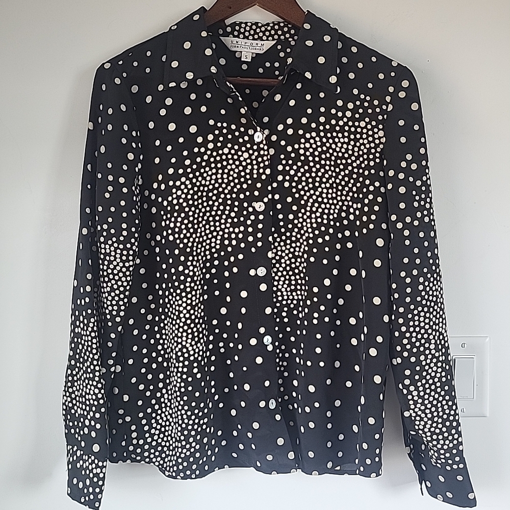 UNIF Black Blouse with Cream Polka Dots